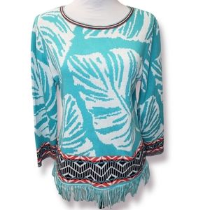 Ruby Rd. Tropical Leaf Teal Sweater Fringe Hem Size Medium